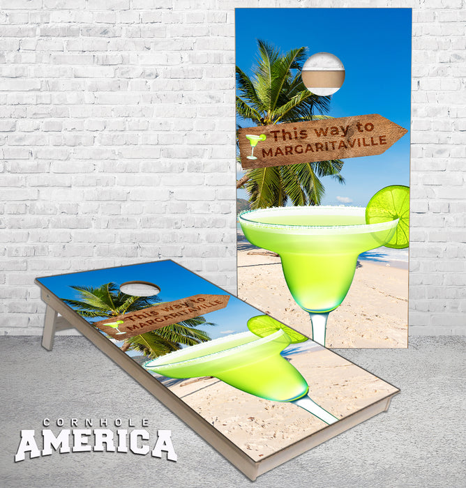 This way to Margaritaville Sign Margarita on the beach cornhole boards