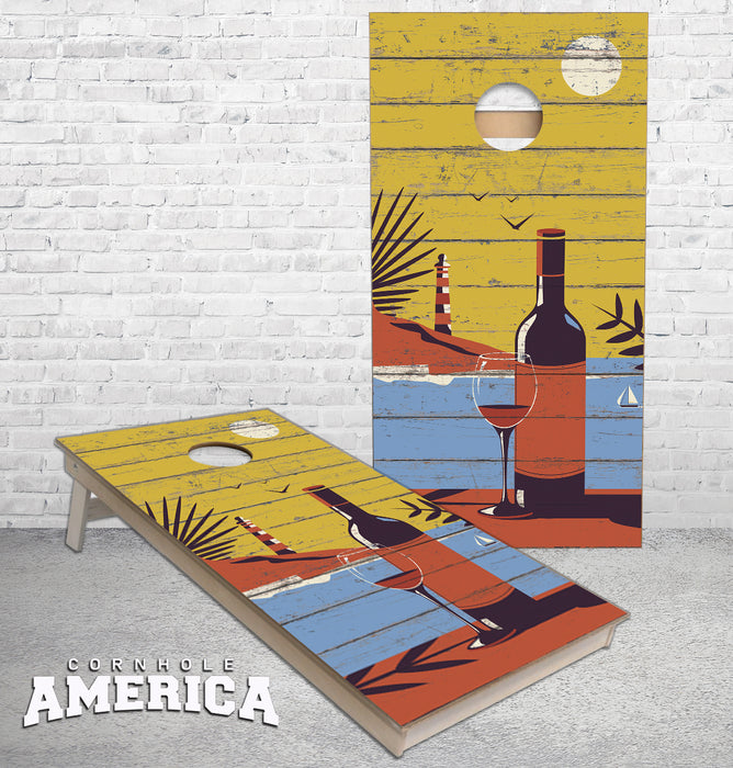 Wine Overlooking Ocean View Weathered wood cornhole boards