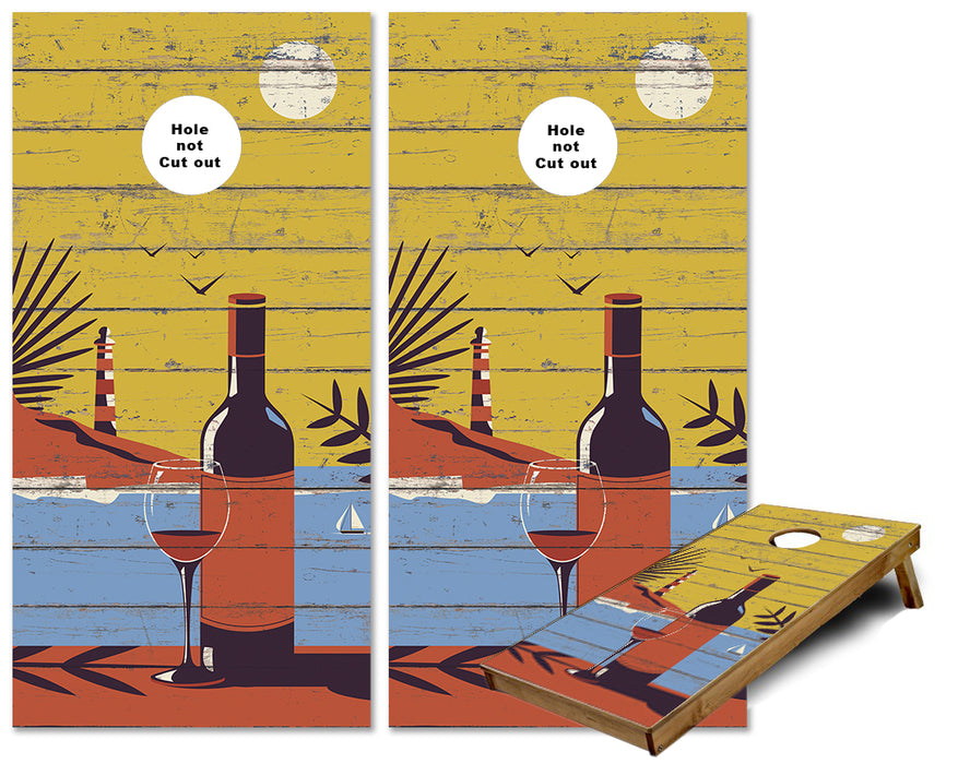 Wine Overlooking Ocean View Weathered wood cornhole wraps
