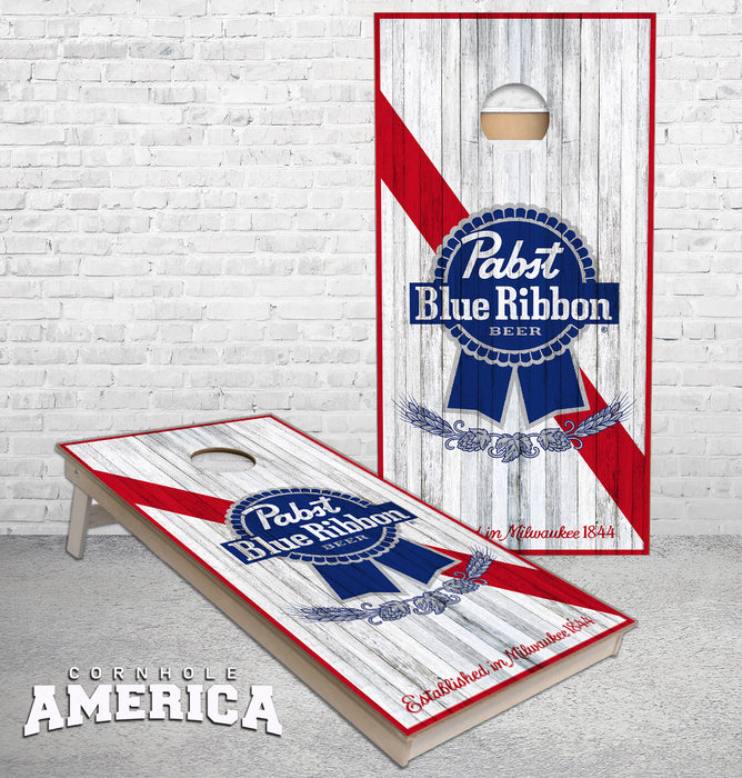 PBR Pabst Blue Ribbon Logo on Distressed wood look Cornhole Boards