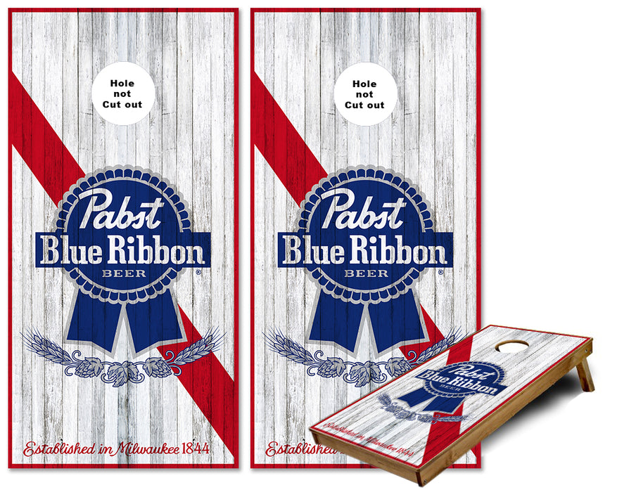 PBR Pabst Blue Ribbon Logo on Distressed wood look Cornhole wraps