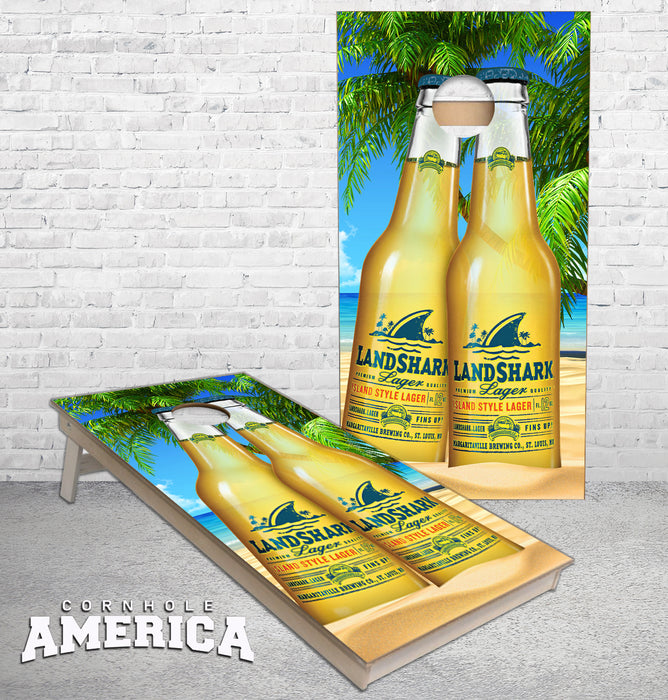 Landshark Lager bottles and palm trees cornhole boards