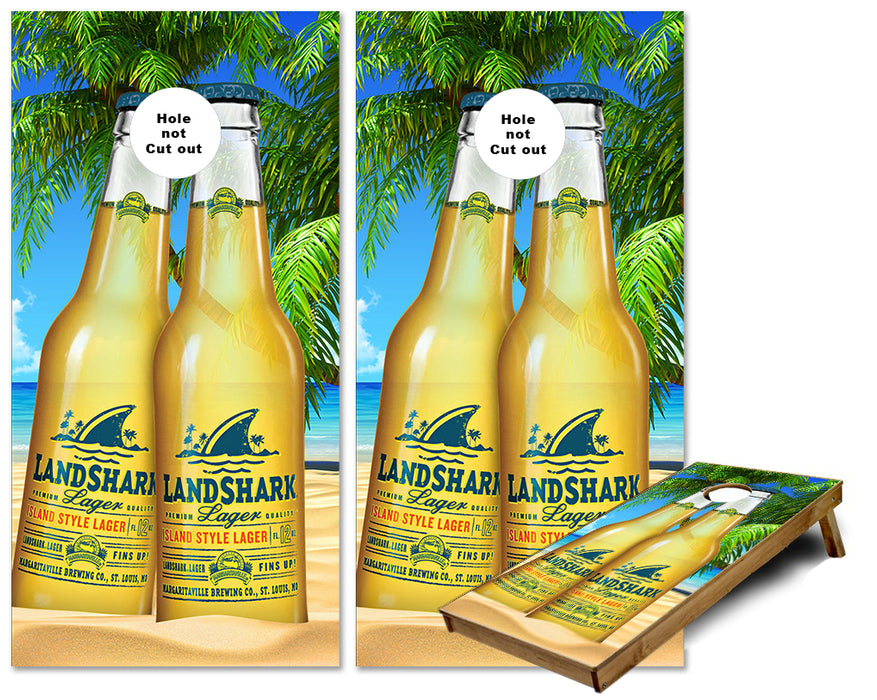 Landshark Lager bottles and palm trees cornhole wraps