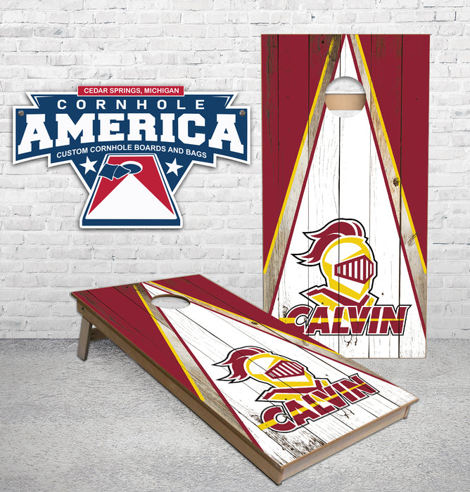 Calvin College weathered triangle Cornhole Boards