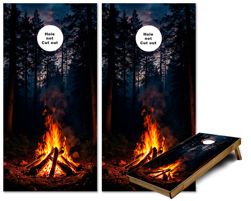 Bon Fire in the woods at night cornhole wraps