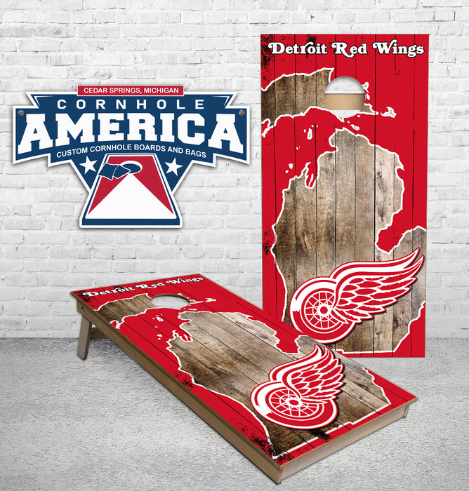 Detroit Redwings in State of MI outline rustic wood Cornhole Boards
