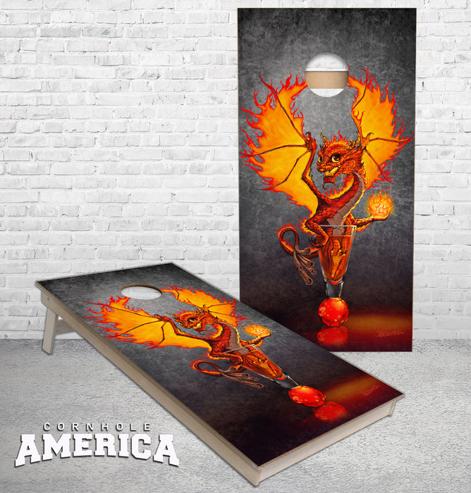 Fire Ball Dragon and Drink Art by Stanley Morrison Cornhole Boards