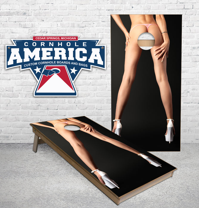 Girl Backside with white high heels Cornhole Boards
