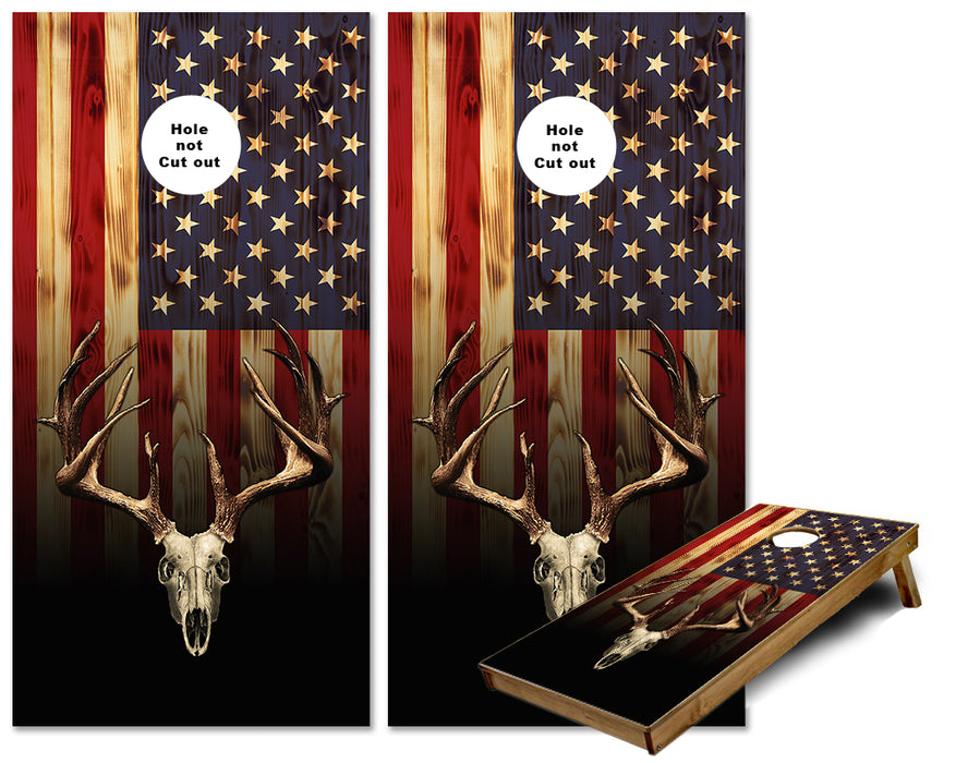 Burnt Wood US Flag with European skull mount deer skull cornhole wraps