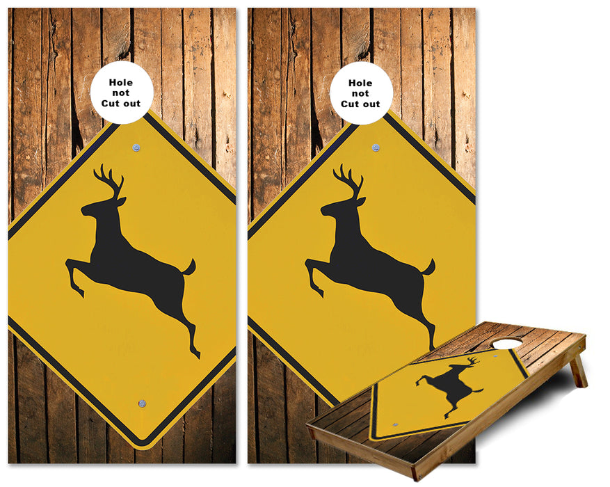 Deer Crossing Sign rustic wood background cornhole wraps