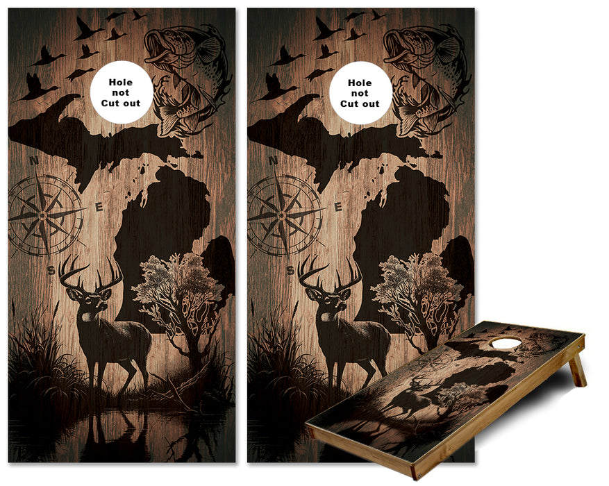 Michigan Wildlife scene dark wood cornhole wraps