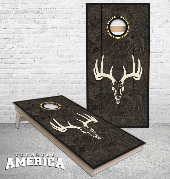 Skull Mount on Grass Camo background cornhole boards