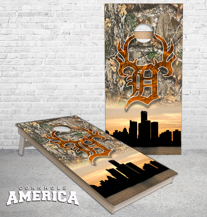 Detroit Buck Club Detroit City Skyline camo sky cornhole boards