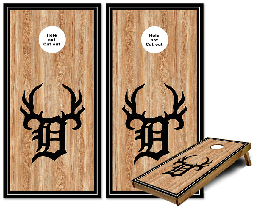 Detroit Buck Club Logo on stained wood with Sports stripe cornhole wraps