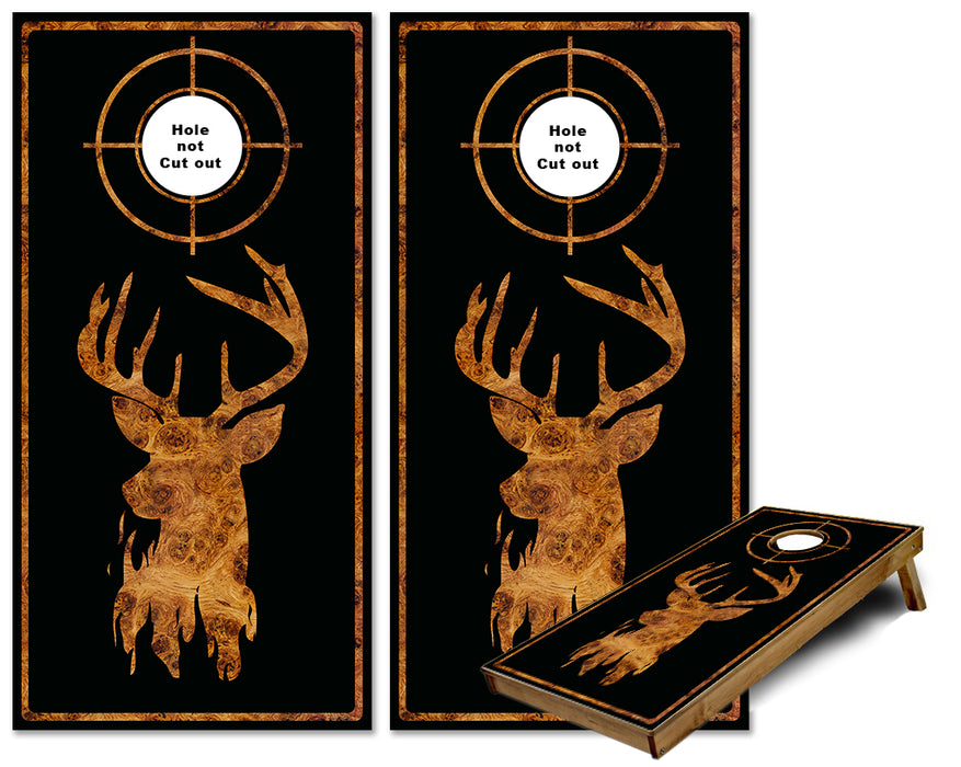 Whitetail Buck Silhouette in Birds Eye Maple on black cornhole wraps