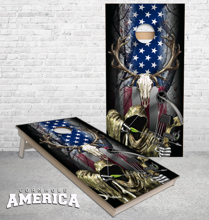Bow Hunting Reaper American Flag stars and stripes cornhole boards