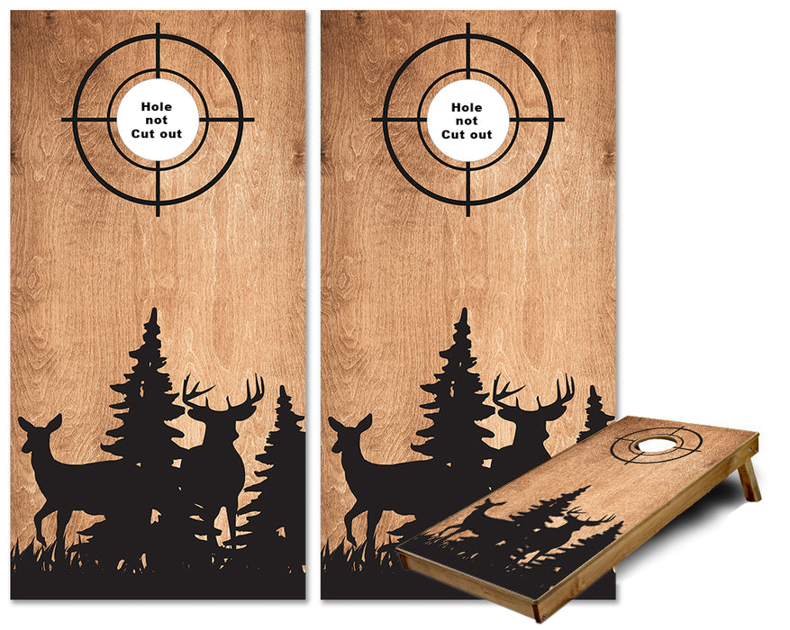 Doe and Buck Deer Silhouette on medium stained cornhole wraps