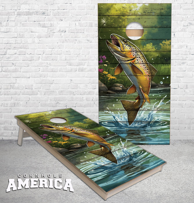 Brown Trout Jumping out of the stream to get a fly cornhole boards