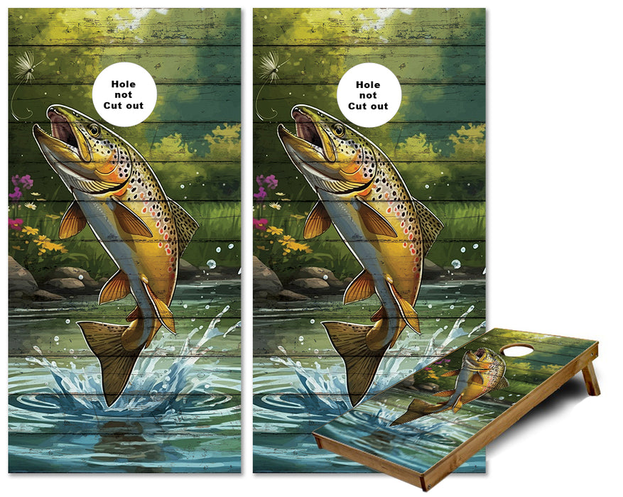 Brown Trout Jumping out of water to get a fly cornhole wraps