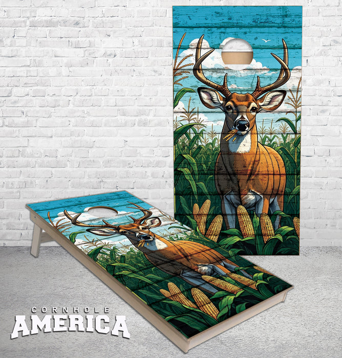 White Tail Buck Eating in a Corn Field weathered wood cornhole boards