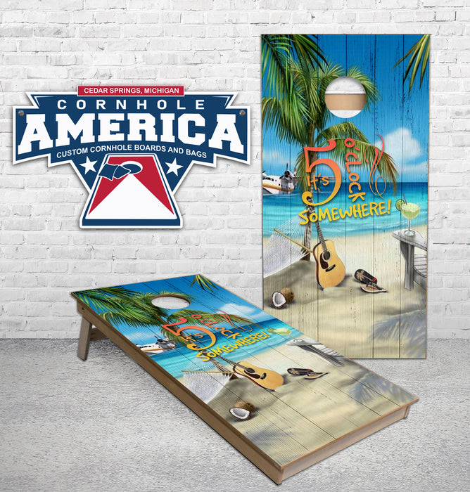 Five O'clock somewhere on a beach Cornhole Boards