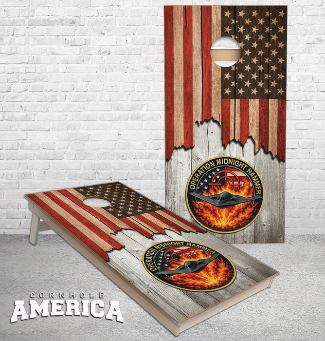 Jagged US Flag Operation Midnight Hammer cornhole boards