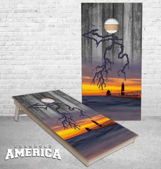 Michigan Roots Sunset Grand Haven Pier rustic wood Cornhole boards