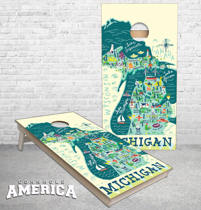 Michigan Map Cities UP and Lower Peninsula cornhole boards