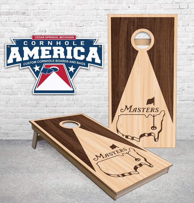 The Masters dark and light wood Cornhole Boards