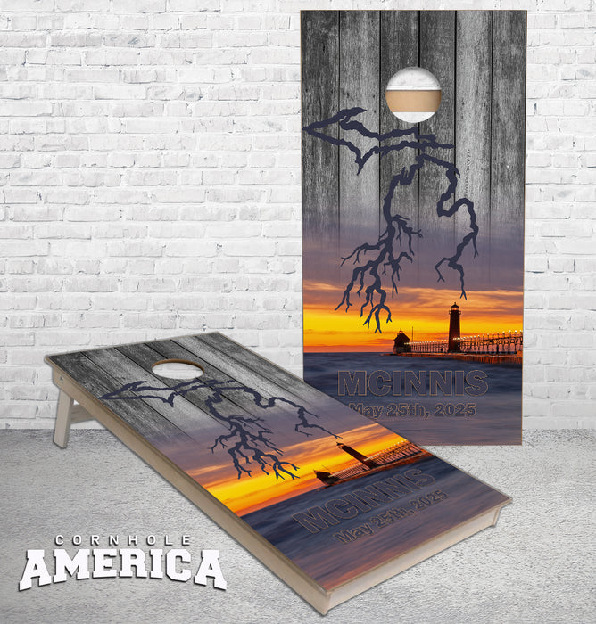 CUSTOM Michigan Roots Sunset Grand Haven Pier rustic wood Cornhole boards with wedding date