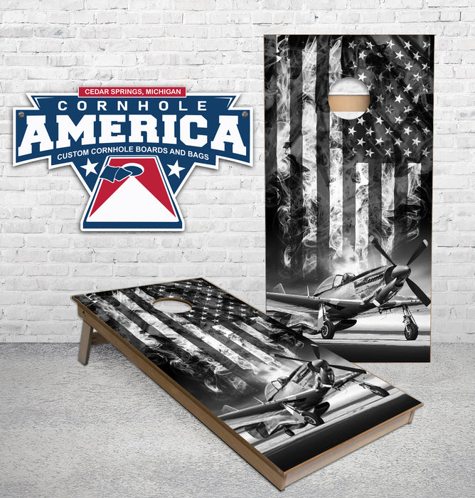 P 51 Mustang American Flag B/W Cornhole Boards