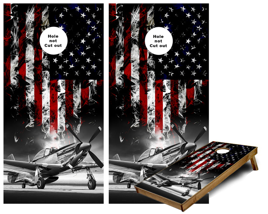 P 51 Mustang American Flag black and white Cornhole Wraps