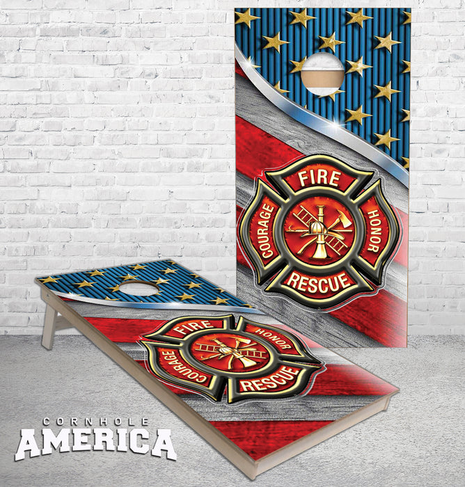 Fire Rescue Axes and flag on diamond plate cornhole boards