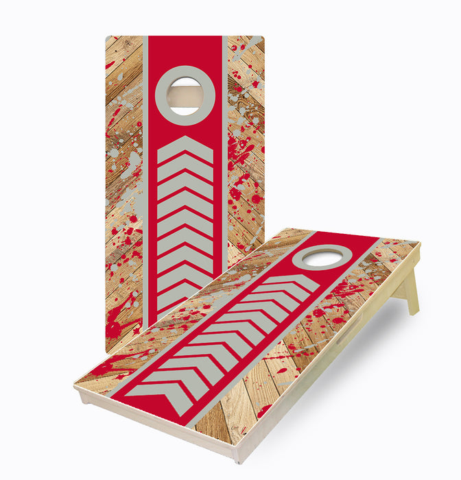 Power Stripes and splatter Scarlett and Grey Pro Series Style cornhole boards
