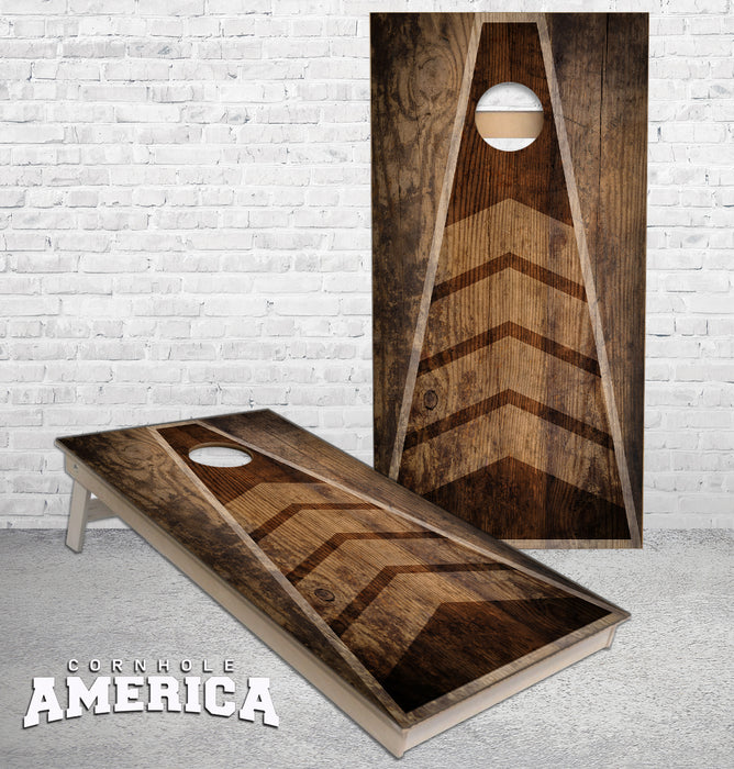 Dark Stained Triangle Arrow design cornhole boards