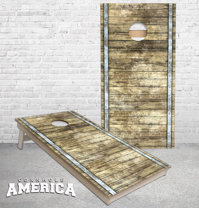 Barrel Planks with metal strapping cornhole boards