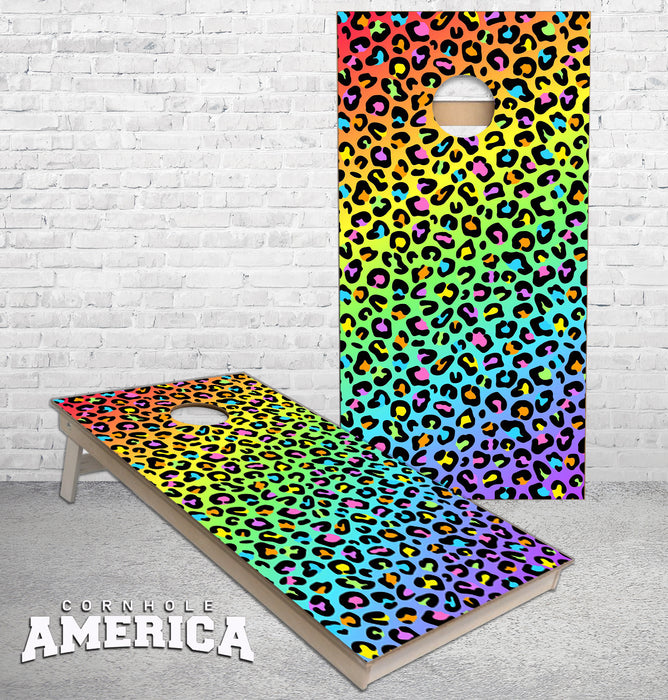 Rainbow Neon Leppard Lisa Frank cornhole boards