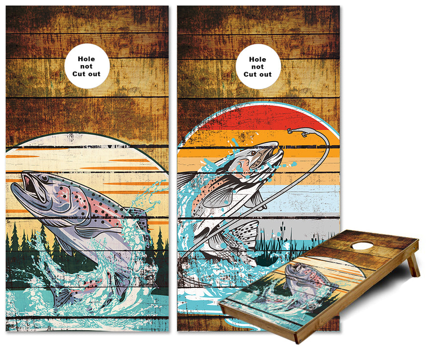 Trout jumping rustic wood cornhole wraps