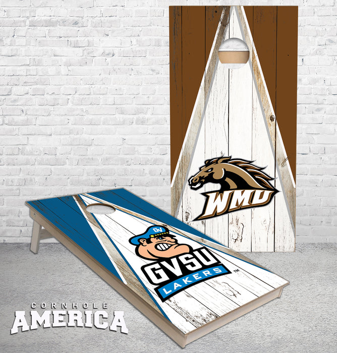Grand Valley State University and Western Michigan triangle themed Cornhole Boards