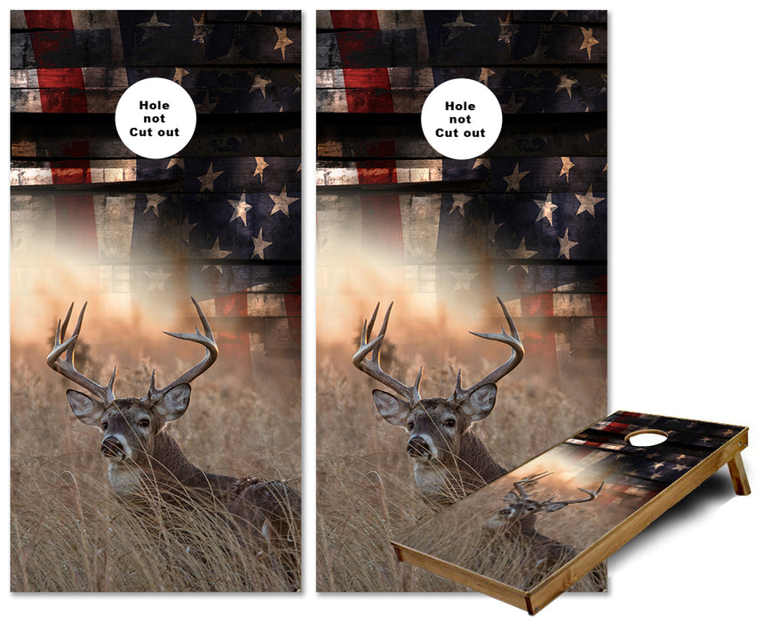 White Tail Buck American Flag Whiskey Wood Cornhole Wraps