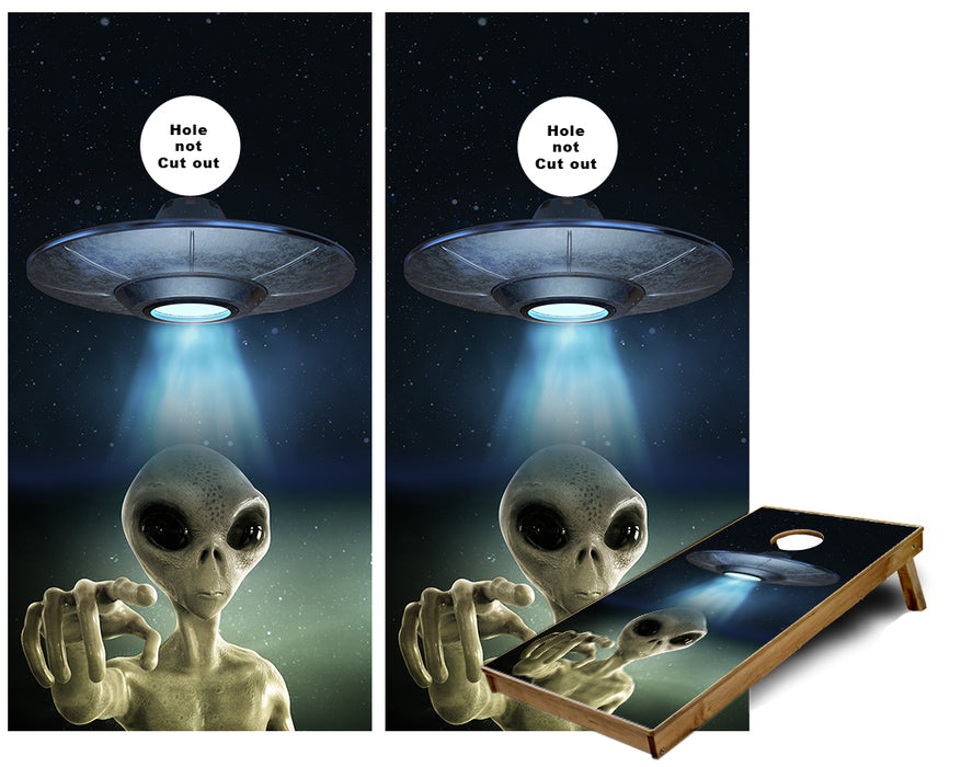 Alien beemed from UFO in outer space Cornhole Wraps