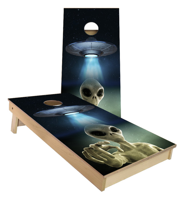 Alien beemed down from UFO outer space cornhole boards
