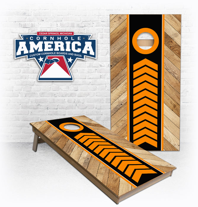 Power Stripe Orange and Black Parquet wood Design Cornhole Boards