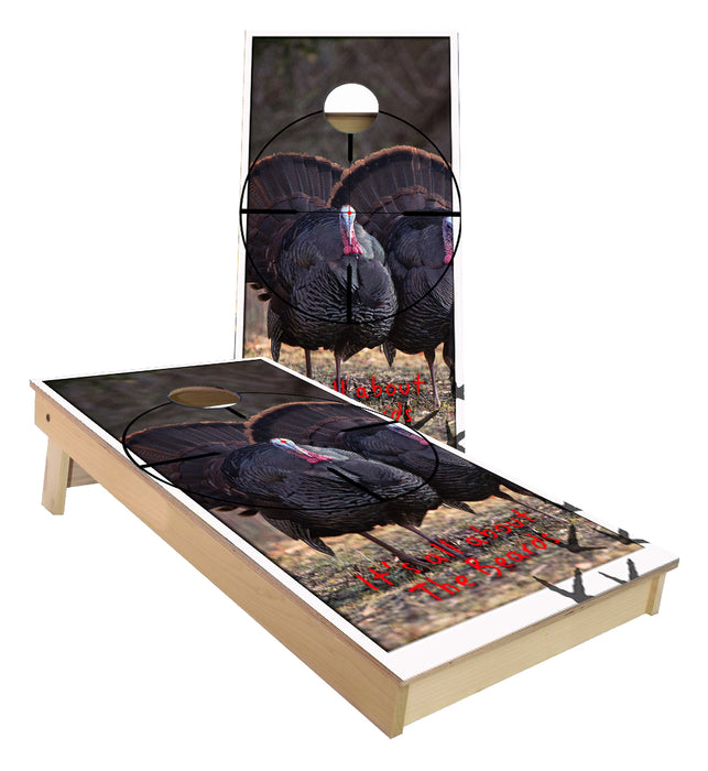 Turkey in Cross-hairs its all about the beard Cornhole Boards
