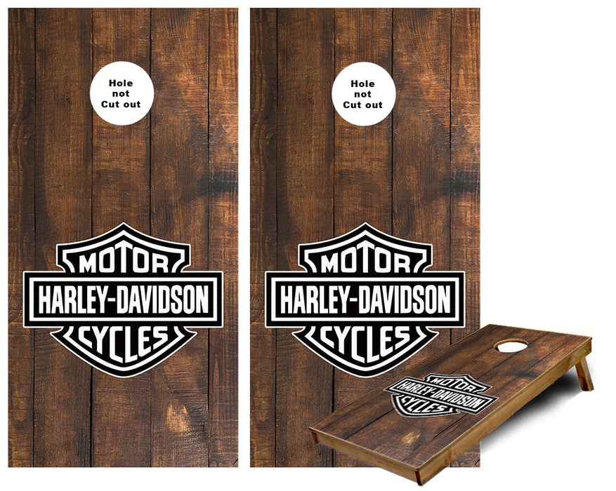 Motorcycle Logo on Dark Wood Cornhole Wraps