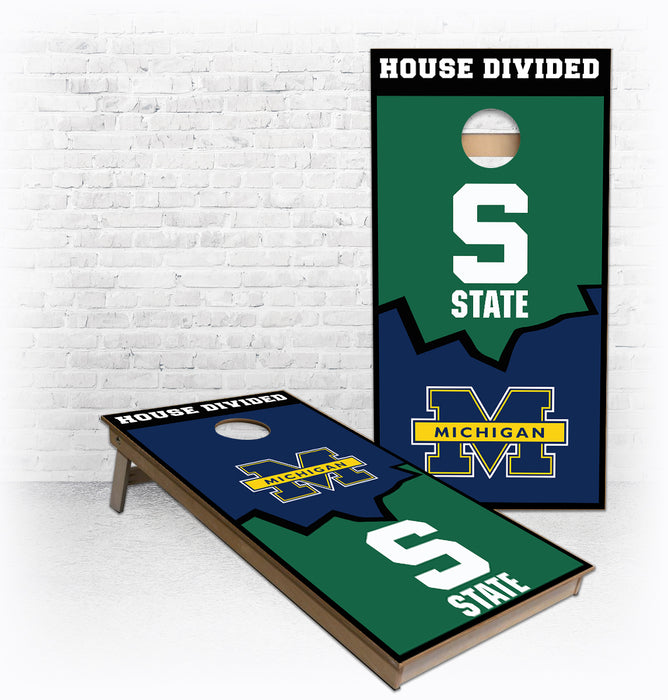 House Divided MSU and Michigan Cracked Cornhole Boards