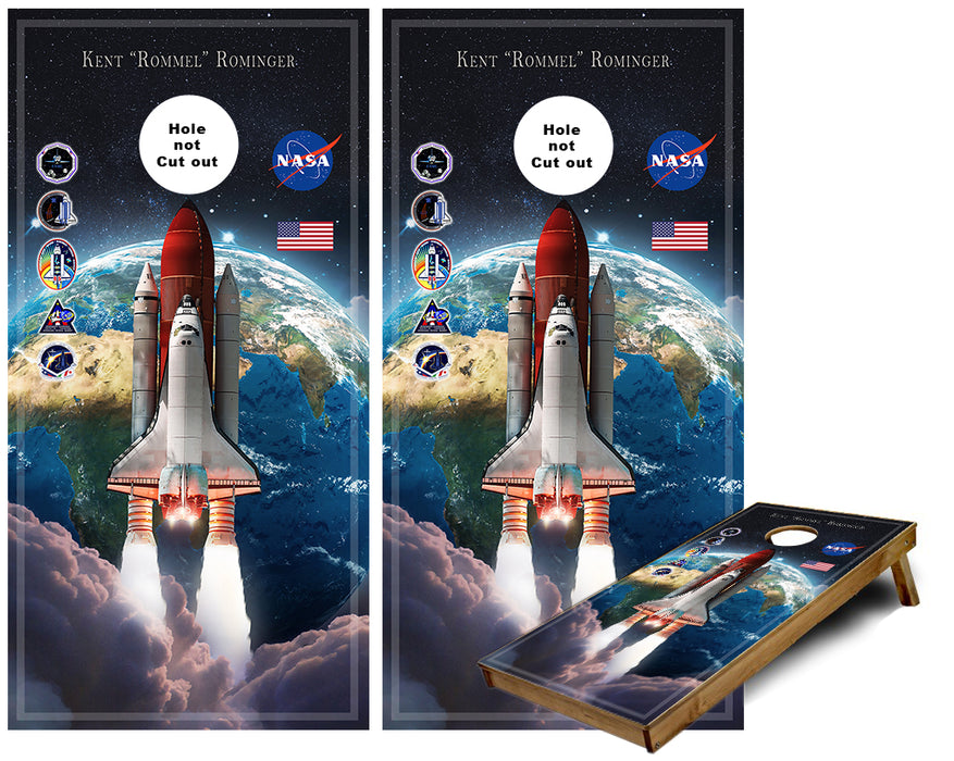 Space Shuttle with Mission patches custom Cornhole Wraps