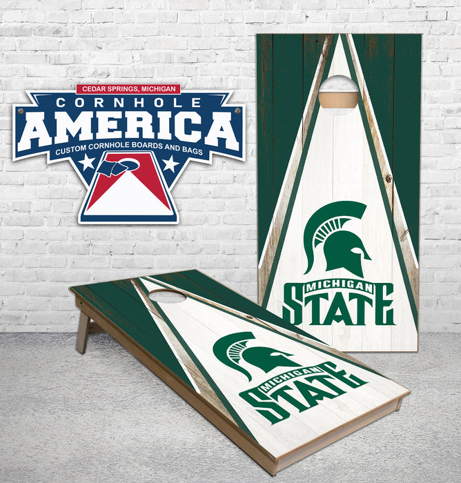 Michigan State Triangle rustic wood themed Cornhole Boards