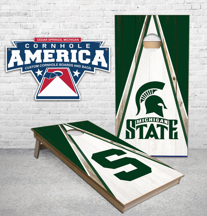 Michigan State MSU rustic triangle theme Cornhole Boards