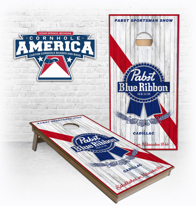 PBR Pabst Blue Ribbon Logo on Distressed wood Cadillac Show Custom Cornhole Boards